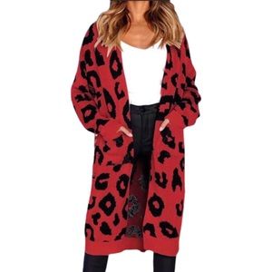 Red Leopard Print Knit Cardigan Sweater Medium